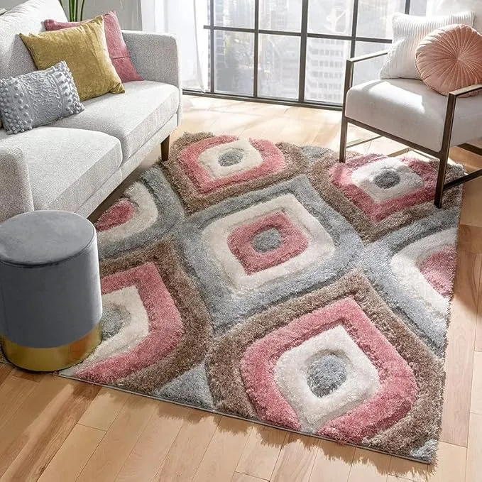 Peach & Grey Handwoven Microfiber Geometric Super Soft Shaggy Carpet (2 x 8 ft)