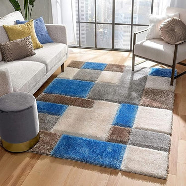 Sky Blue & Beige Super Soft Microfiber Geometric Roblox Shaggy Carpet (2 x 8 ft)