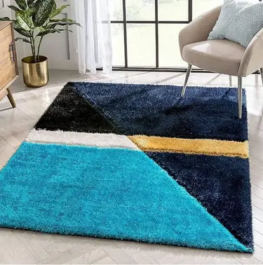 Aqua Blue Compass Geometric Microfiber Super Soft Anti Skid Shaggy Carpet (2 x 8 ft)