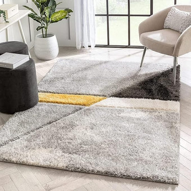 Grey Yellow Compass Geometric Microfiber Super Soft Anti Skid Shaggy Carpet (2 x 8 ft)