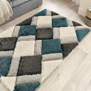 Teal & White Handcrafted Microfiber Geometric Ultra Soft Shaggy Carpet  (2 x 8 ft)