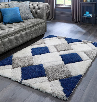 Blue & White Handcrafted Microfiber Geometric Ultra Soft Shaggy Carpet  (2 x 8 ft)