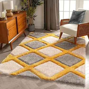 Beige Yellow Handcrafted Microfriber Fluffy Geometric Shaggy Carpet  (2 x 8 ft)