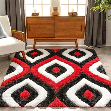 Black & Red Handwoven Microfiber Geometric Super Soft Shaggy Carpet  (2 x 8 ft)