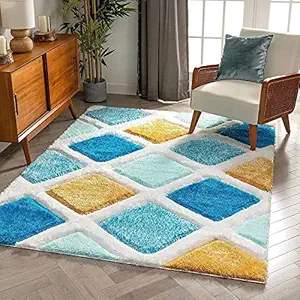Turquoise Blue & Yellow Handcrafted Microfriber Fluffy Geometric Shaggy Carpet  (2 x 8 ft)