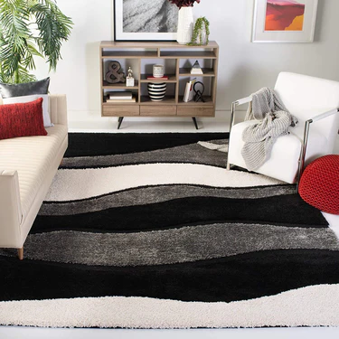 Black & Grey Multi Coloured Anti Skid Wave Super Soft Shaggy Carpet for Living Room And Bed Room 