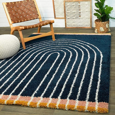 Hand Crafted Navy Blue Multi Coloured Super Soft Shaggy Carpet For Bed Room & Living Room 