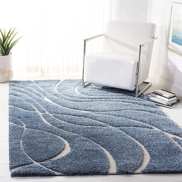 Blue Super Soft Microfiber Hi-Lo Pile Swirl Shaggy Carpet 