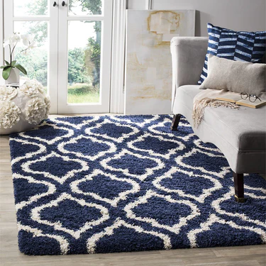 Navy Blue & Ivory Soft & Fluffy Shaggy Carpet For Bed Room Anti Skid Drawing Kids Room Rug 