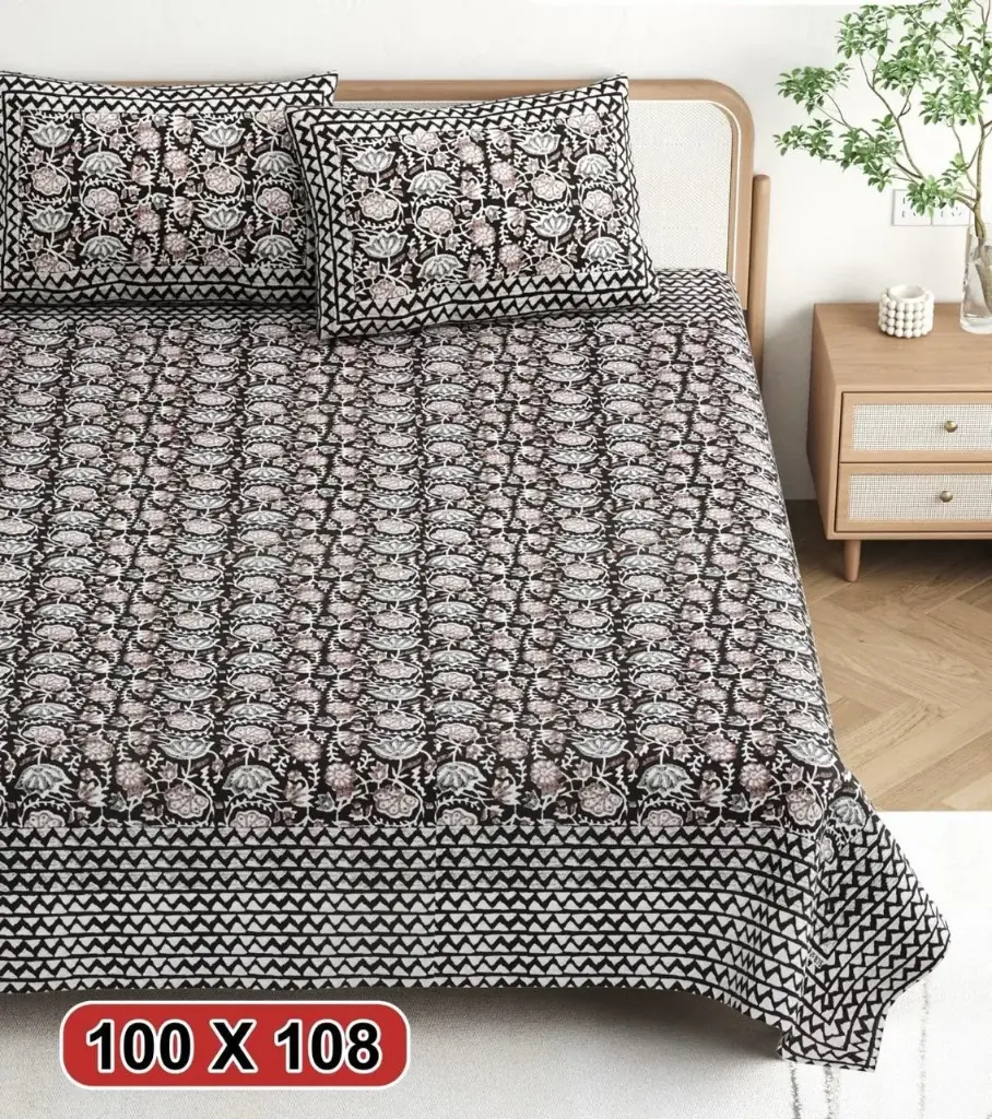 Elegant Jaipuri King Size (100x108) 100% Cotton Bedsheet - Dark Floral & Geometric Print 