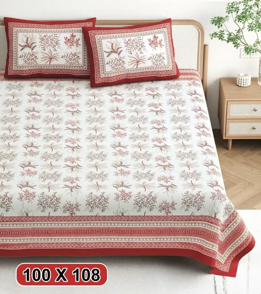 Traditional Block Print King Size (100x108) 100% Cotton Bedsheet - Red Floral Sprig & Vine 