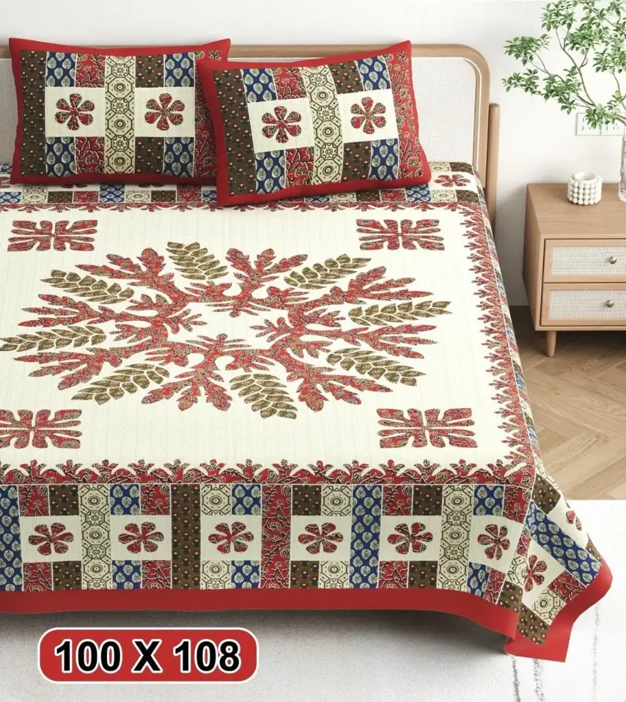 Statement Jaipuri King Size (100x108) 100% Cotton Bedsheet - Teal & Red Medallion Print 