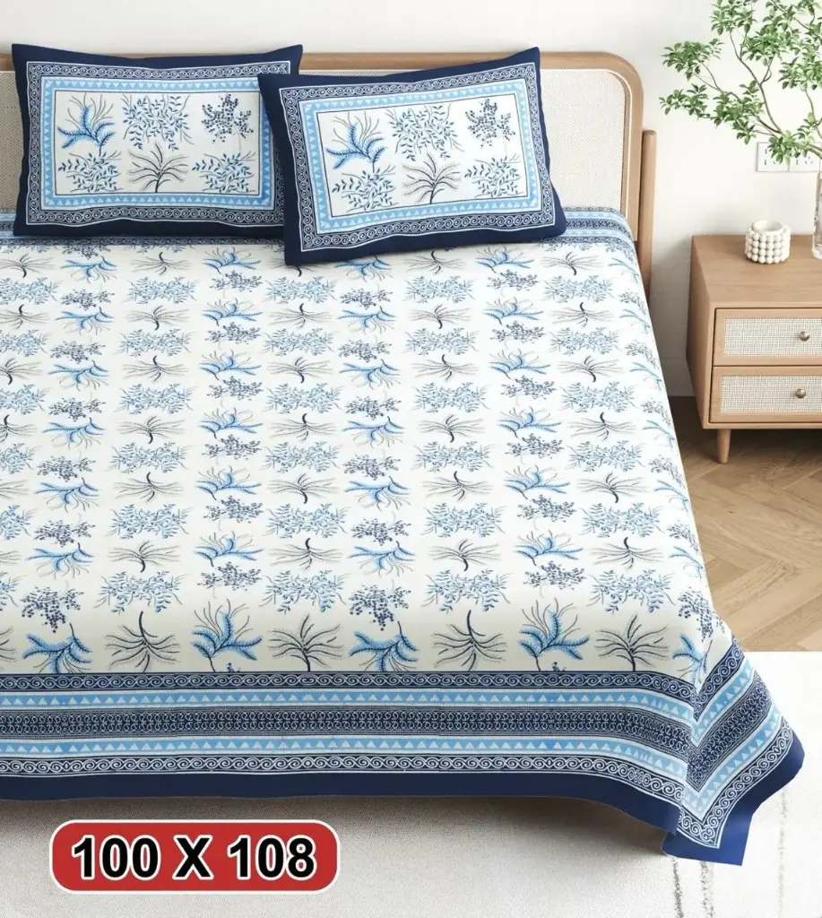 Refined Jaipuri King Size (100x108) 100% Cotton Bedsheet - Blue & White Floral Sprig 