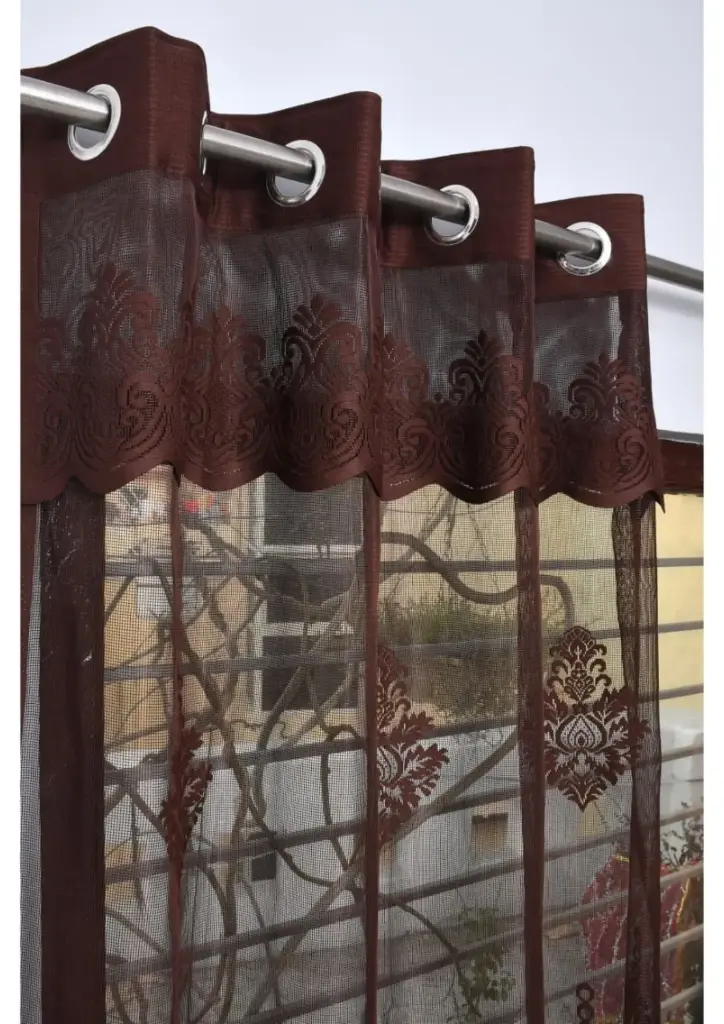 Premium Brown Transparent Jali Sheer Curtain with Decorative Lace Pattern - Ready to Hang (Pack of 2) (5 Feet)