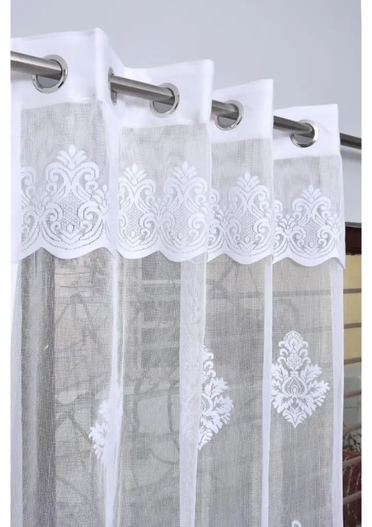 Luxury White Floral Damask Sheer Net Curtain Panel with Scalloped Lace Edge (Pack of 2) (5 Feet)