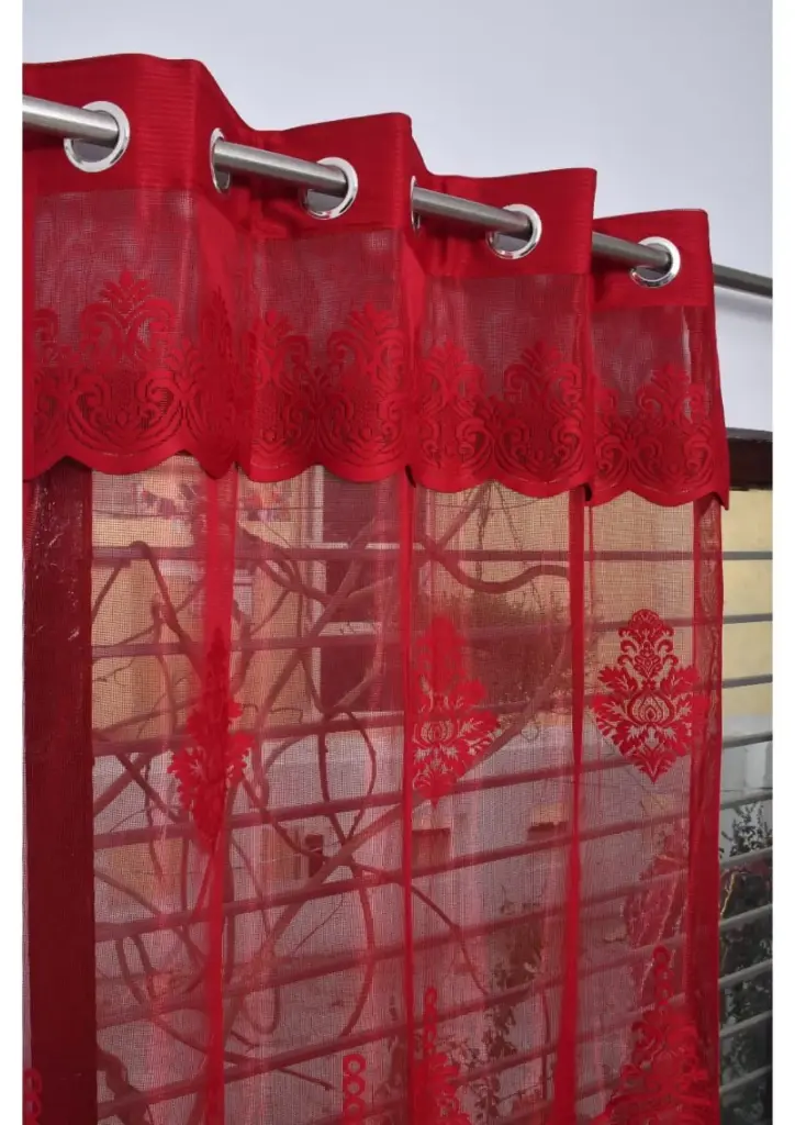 Elegant Red Sheer Embroidered Curtain (Pack of 2) (5 Feet)