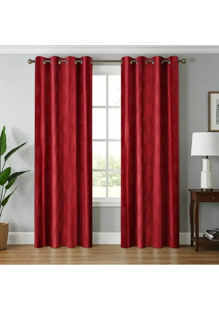 Luxury Solid Muted Maroon Heavy Textured Eyelet Curtain Panel (Semi-Blackout)(Pack of 2) (5 Feet)