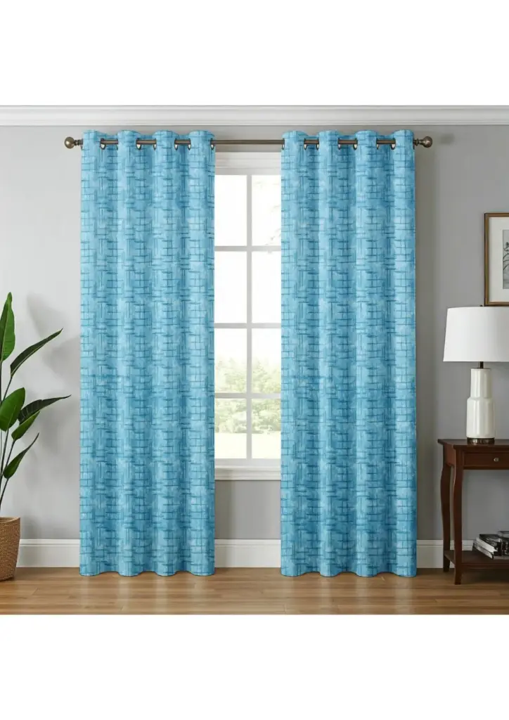 Vibrant Aqua Geometric Basketweave Curtains(Pack of 2) (5 Feet)