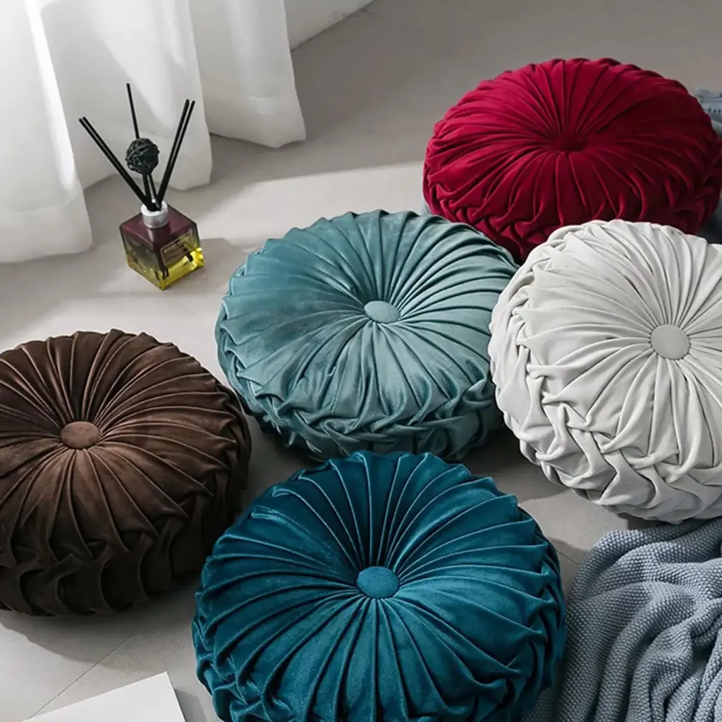 Elegant Pleated Velvet Button-Tufted Round Decorative Pillows Set of 5