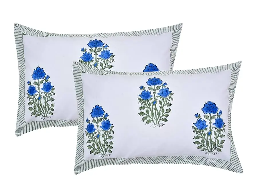 Cotton Feel 17" x 27" Pillow Covers - Elegant Blue Rose Print (Set of 2)