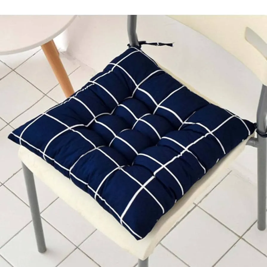 Navy Blue & White Grid Pattern Tufted Chair Pad - 16x16 Inch 