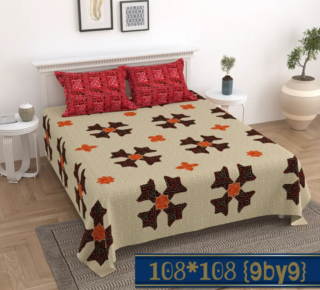 Cotton King Size Bedsheet (108"x108") with Two Contrast Pillow Covers | Geometric Floral Print (9x9 FT) 
