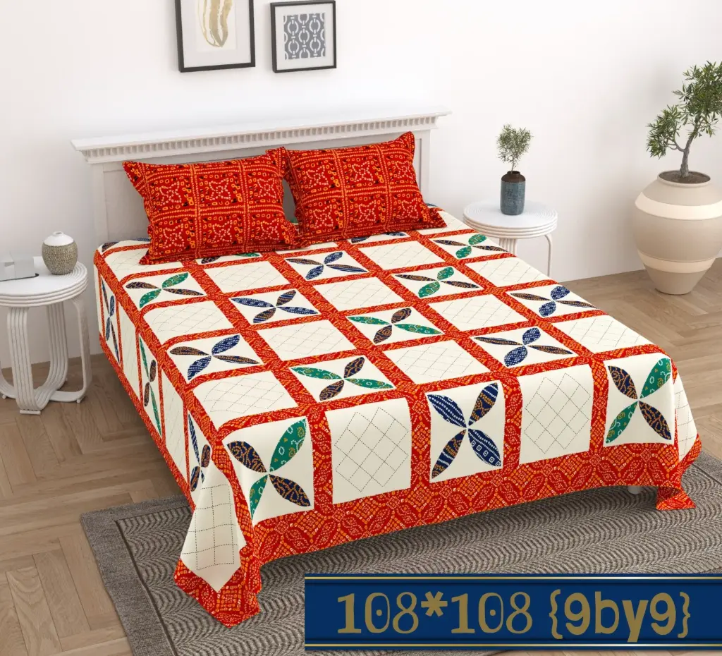 Cotton King Size Bedsheet (108"x108") with Two Red Pillow Covers | Modern Grid Floral & Traditional Print (9x9 FT) 