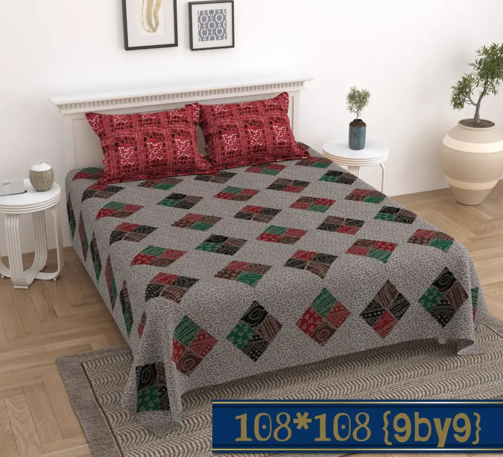 Cotton King Size Bedsheet (108"x108") with Red Pillow Covers | Gray Base Muted Diamond Ethnic Print (9x9 FT) 