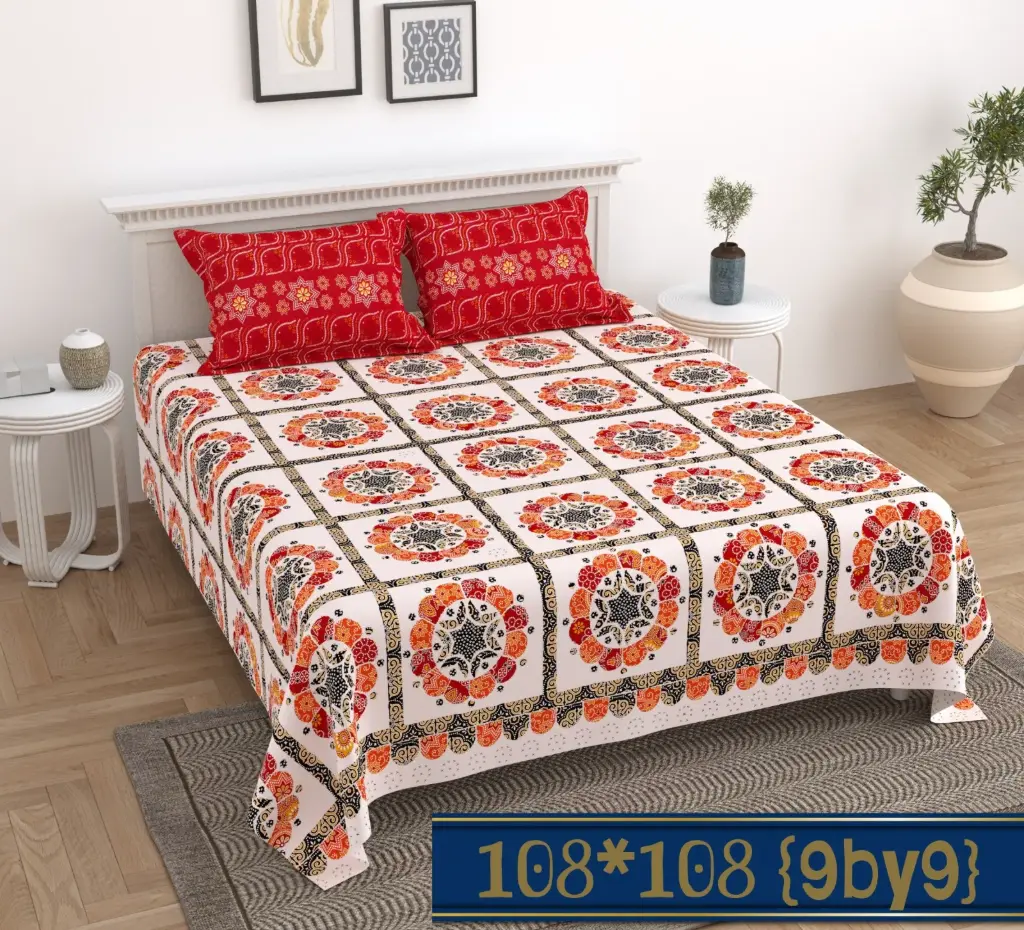Cotton King Size Bedsheet (108"x108") with Red Pillow Covers | Grid Style Floral Medallion Print (9x9 FT) 