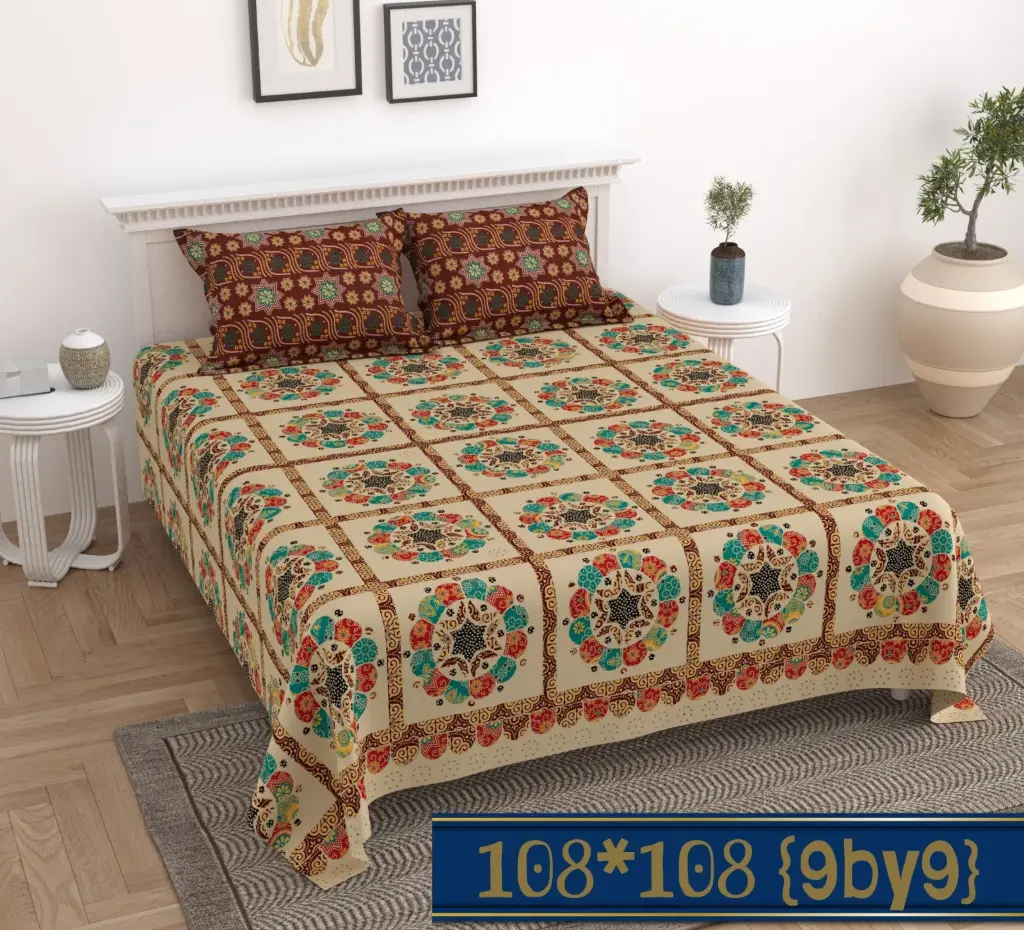 Cotton King Size Bedsheet (108"x108") with Brown Pillow Covers | Beige Batik-Style Floral Grid Print (9x9 FT) 