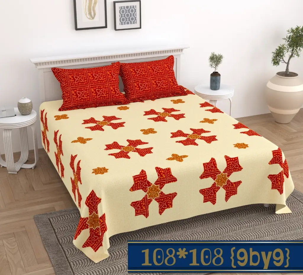 Cotton King Size Bedsheet (108"x108") with Matching Red Pillow Covers | Yellow Base Red Bandhani Star Print (9x9 FT) 