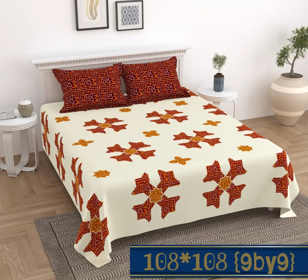 Cotton King Size Bedsheet (108"x108") with Maroon Pillow Covers | Cream Base Deep Red Star Print (9x9 FT) 