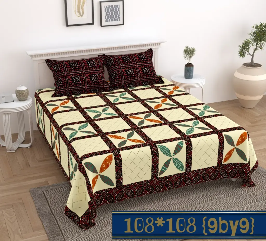 Cotton King Size Bedsheet (108"x108") with Maroon Pillow Covers | Modern Grid Leaf Print with Dark Border (9x9 FT) 