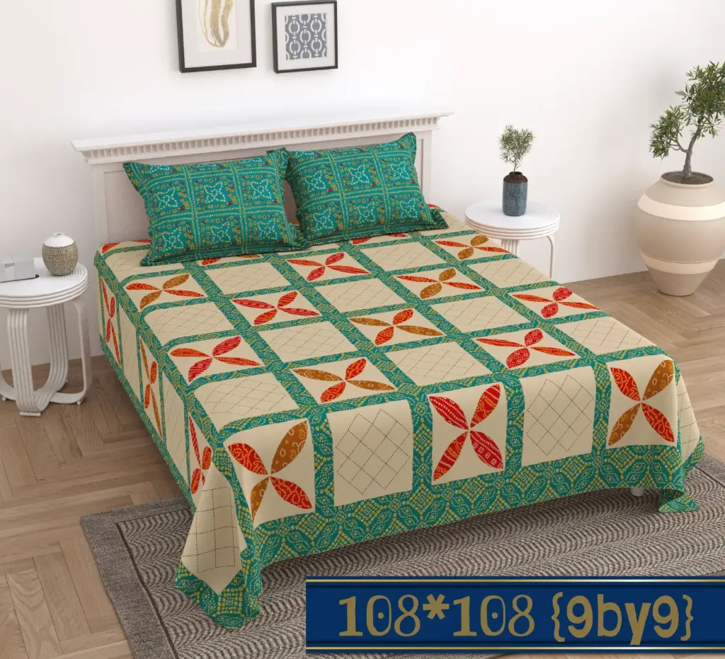 Cotton King Size Bedsheet (108"x108") with Teal Pillow Covers | Beige Grid Print with Warm Red Floral Motifs (9x9 FT) 