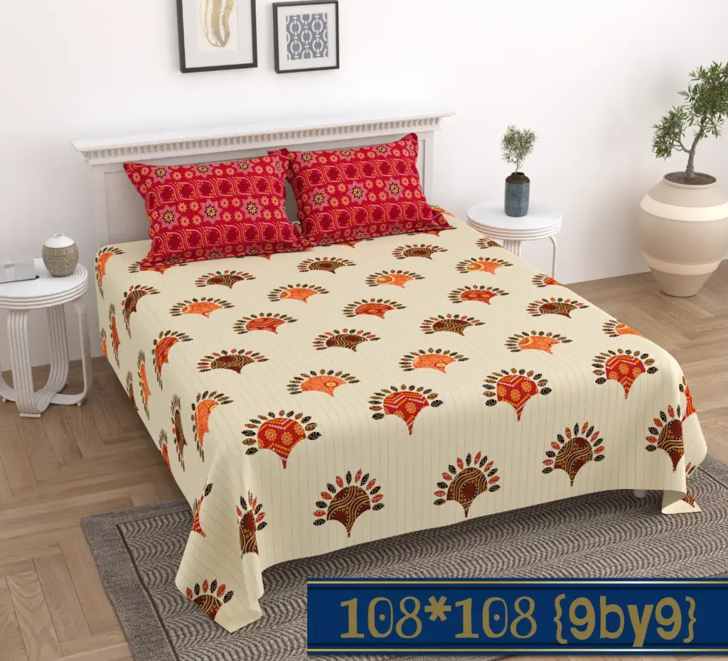 Cotton King Size Bedsheet (108"x108") with Red Pillow Covers | Cream Base Earth Tone Folk Fan Print (9x9 FT) 