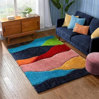 Multicolour Geometric Microfiber Plush Shaggy Carpet (2 x 8 ft)