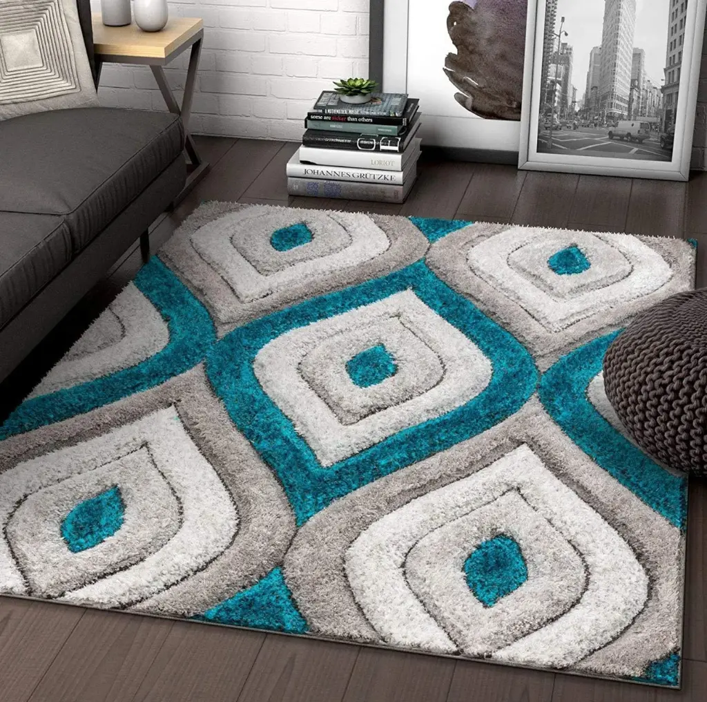 Blue & White Handwoven Microfiber Geometric Super Soft Shaggy Carpet (2 x 8 ft)