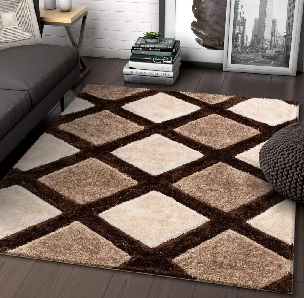 Beige Brown Handcrafted Microfriber Fluffy Geometric Shaggy Carpet (2 x 8 ft)