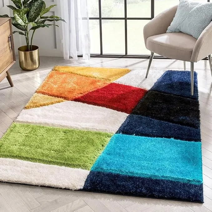 Multicolour Geometric Microfiber Plush Anti Skid Shaggy Carpet (2 x 8 ft)