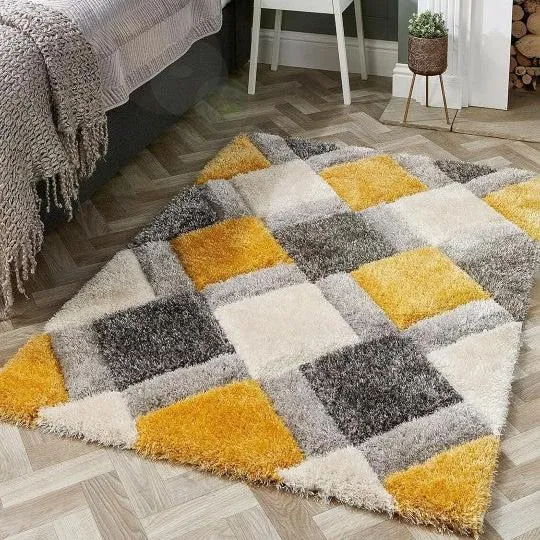 Yellow & White Handcrafted Microfiber Geometric Ultra Soft Shaggy Carpet (2 x 8 ft)